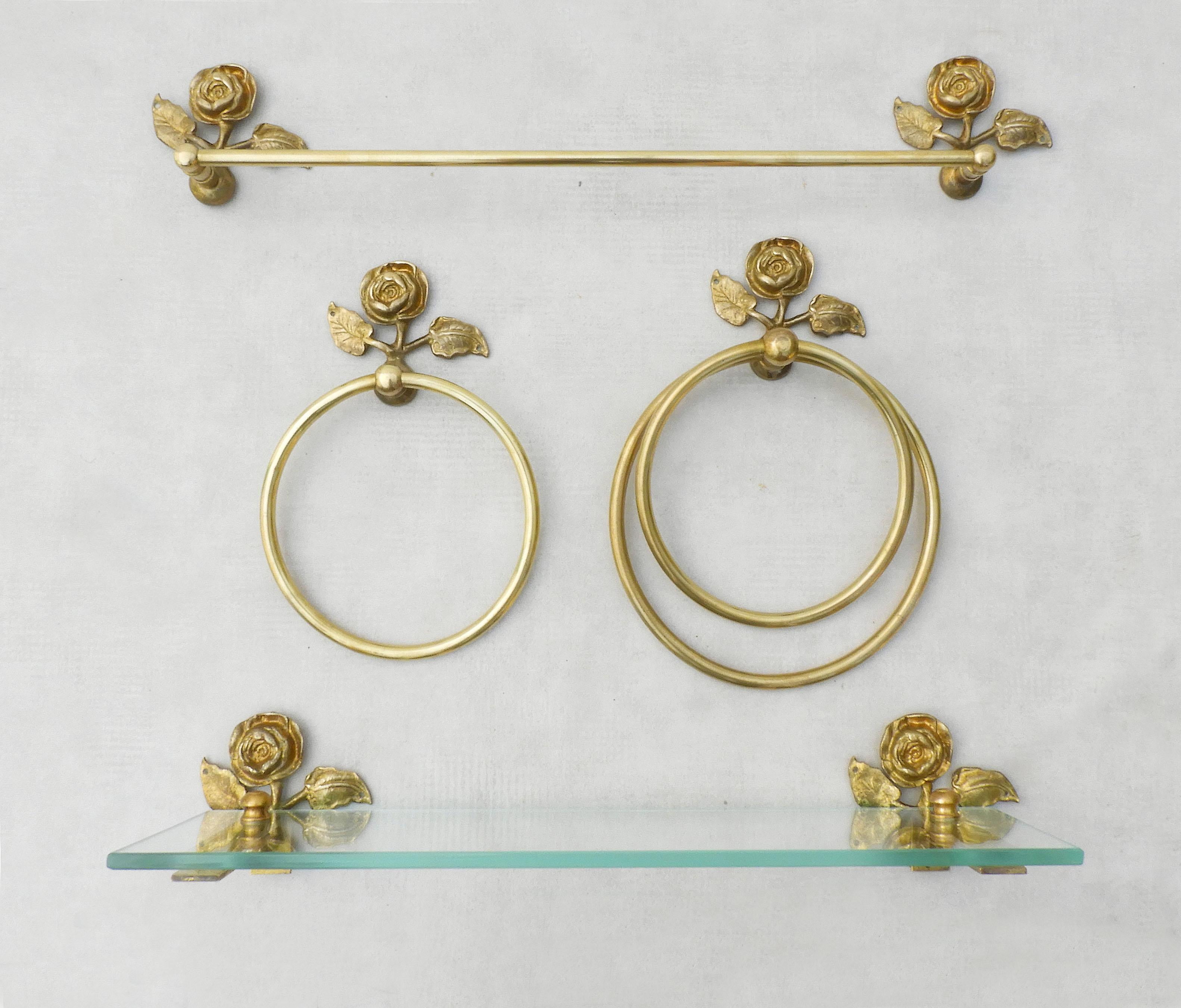 Dorato Anello per asciugamani doppio a fiori di rosa della metà del secolo scorso C1950 in vendita