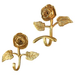 Vintage French Mid Century Rose Flower Hooks Gilded Brass C1950s