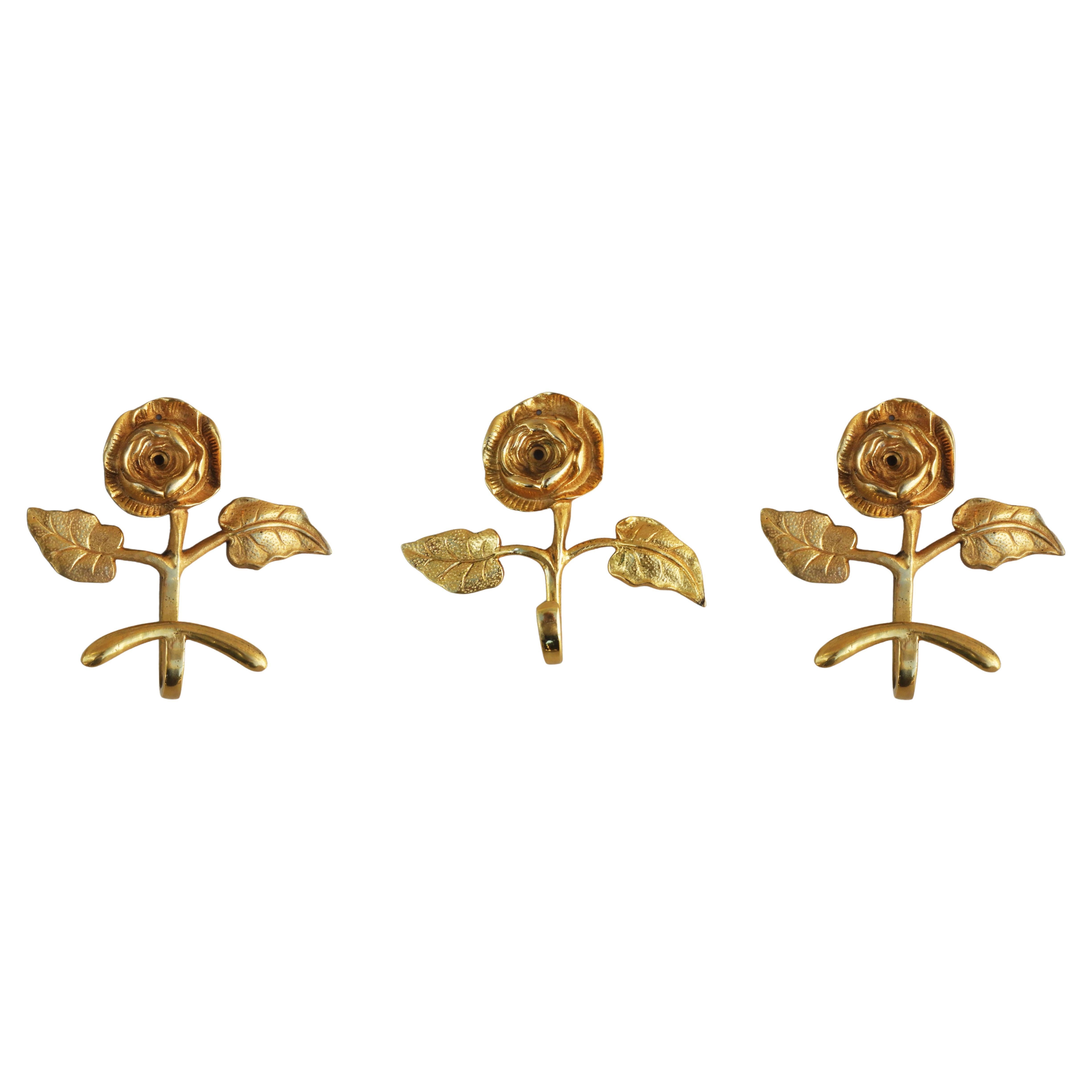 French Mid Century Rose Flower Hooks Gilded Brass C1950s