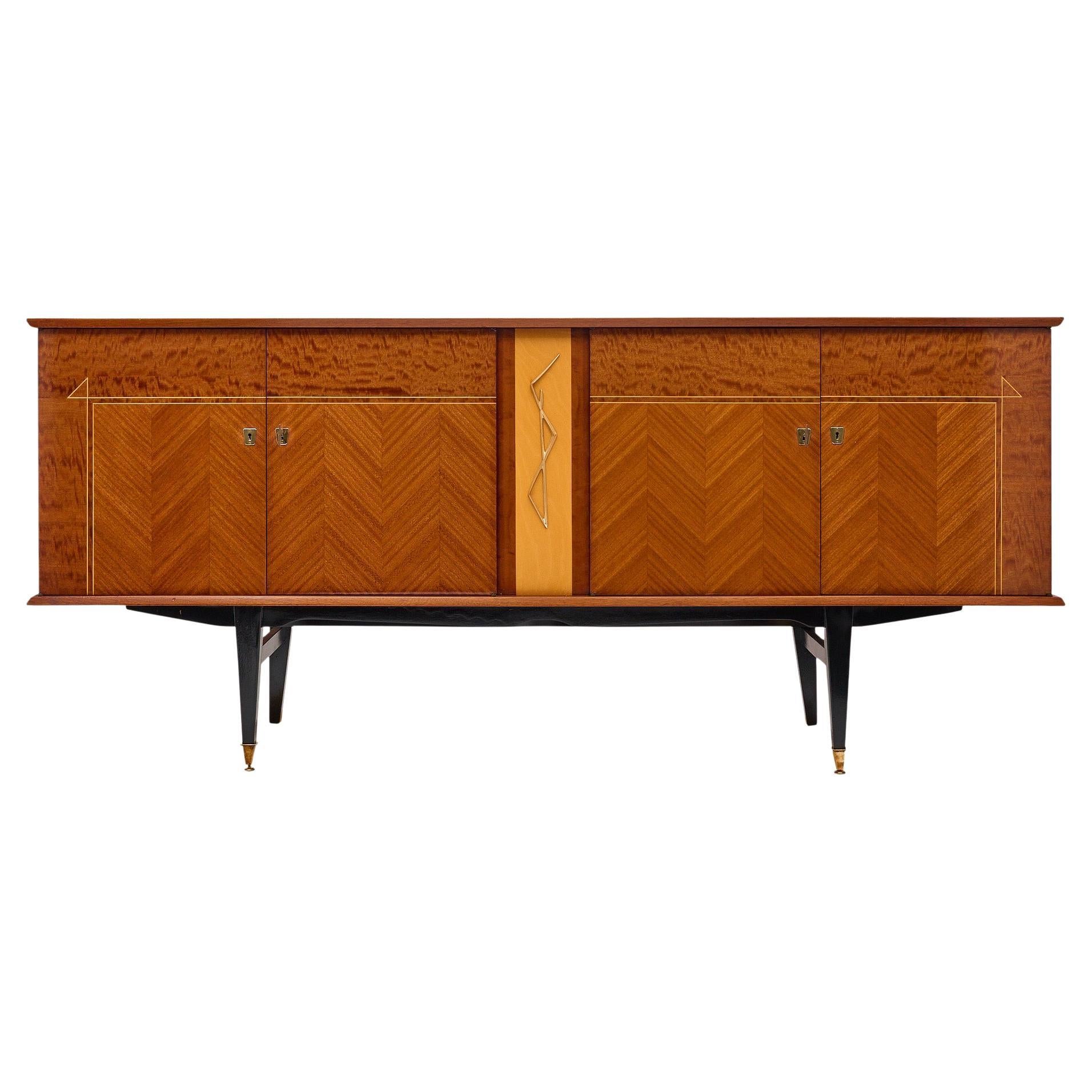Mid-Century French Rosewood Buffet with Parquetry and Brass Hardware