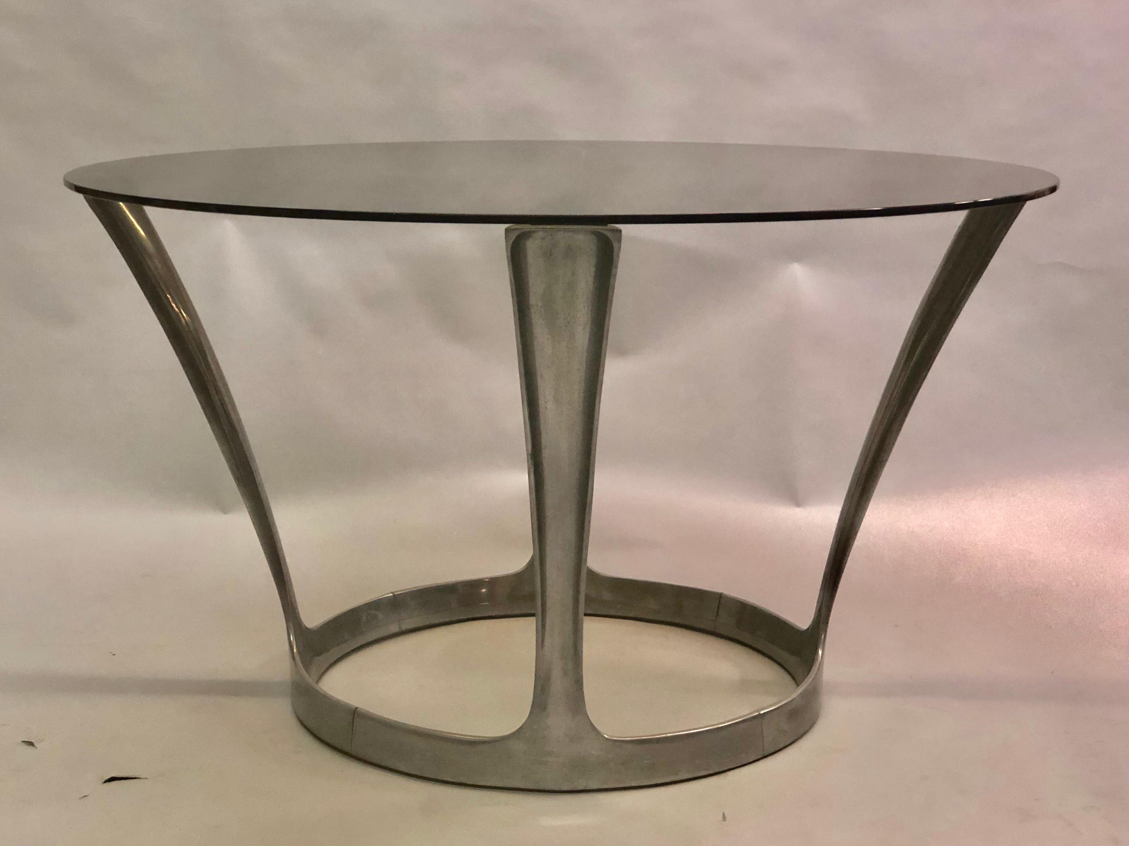 Polished French Midcentury Round Aluminum and Glass Center Dining Table by Boris Tabacoff For Sale