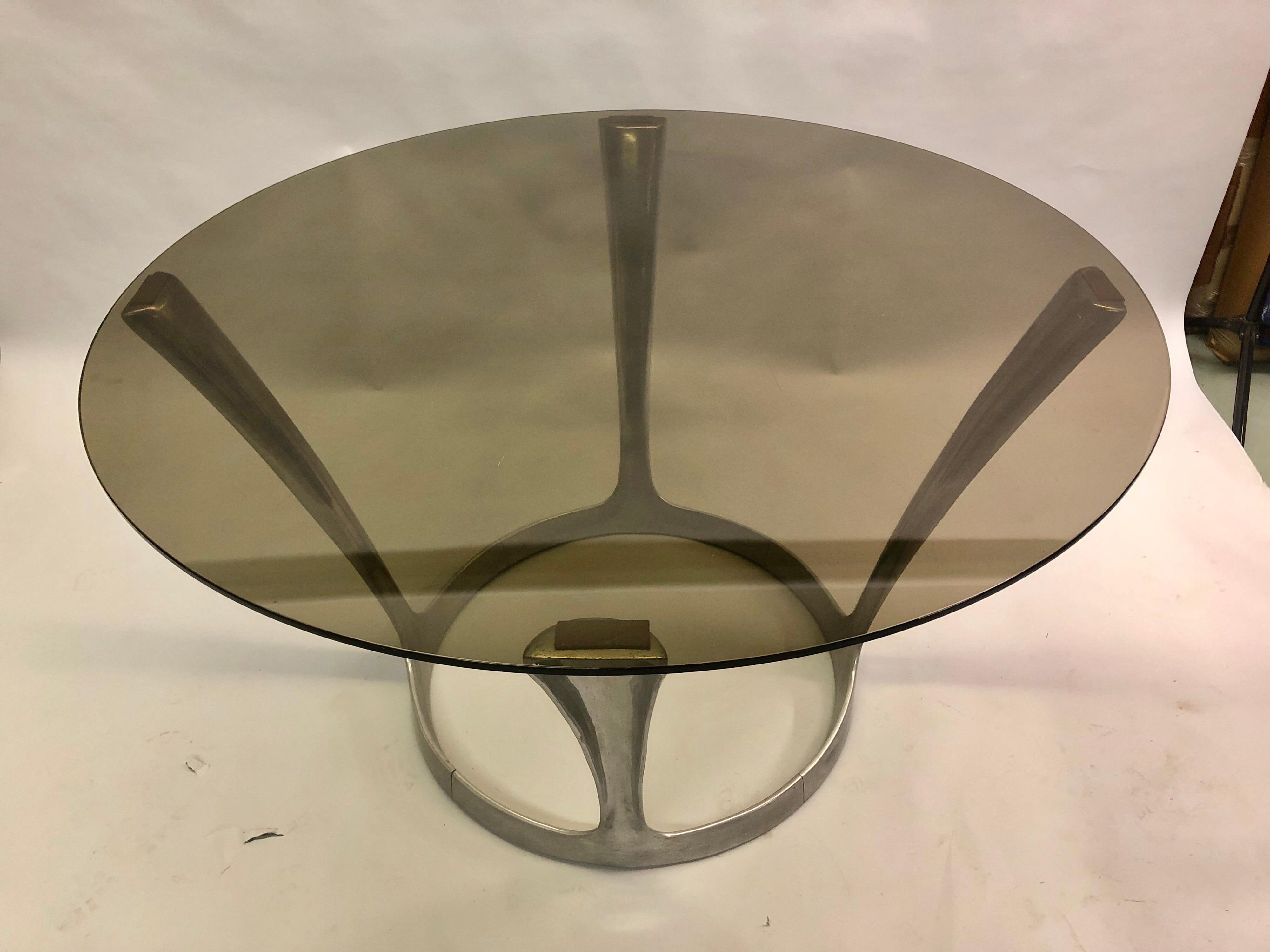20th Century French Midcentury Round Aluminum and Glass Center Dining Table by Boris Tabacoff For Sale