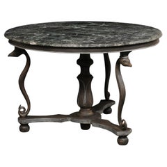 French Mid-Century Round Center Table w/Green Marble Top & Serpent Carved Legs