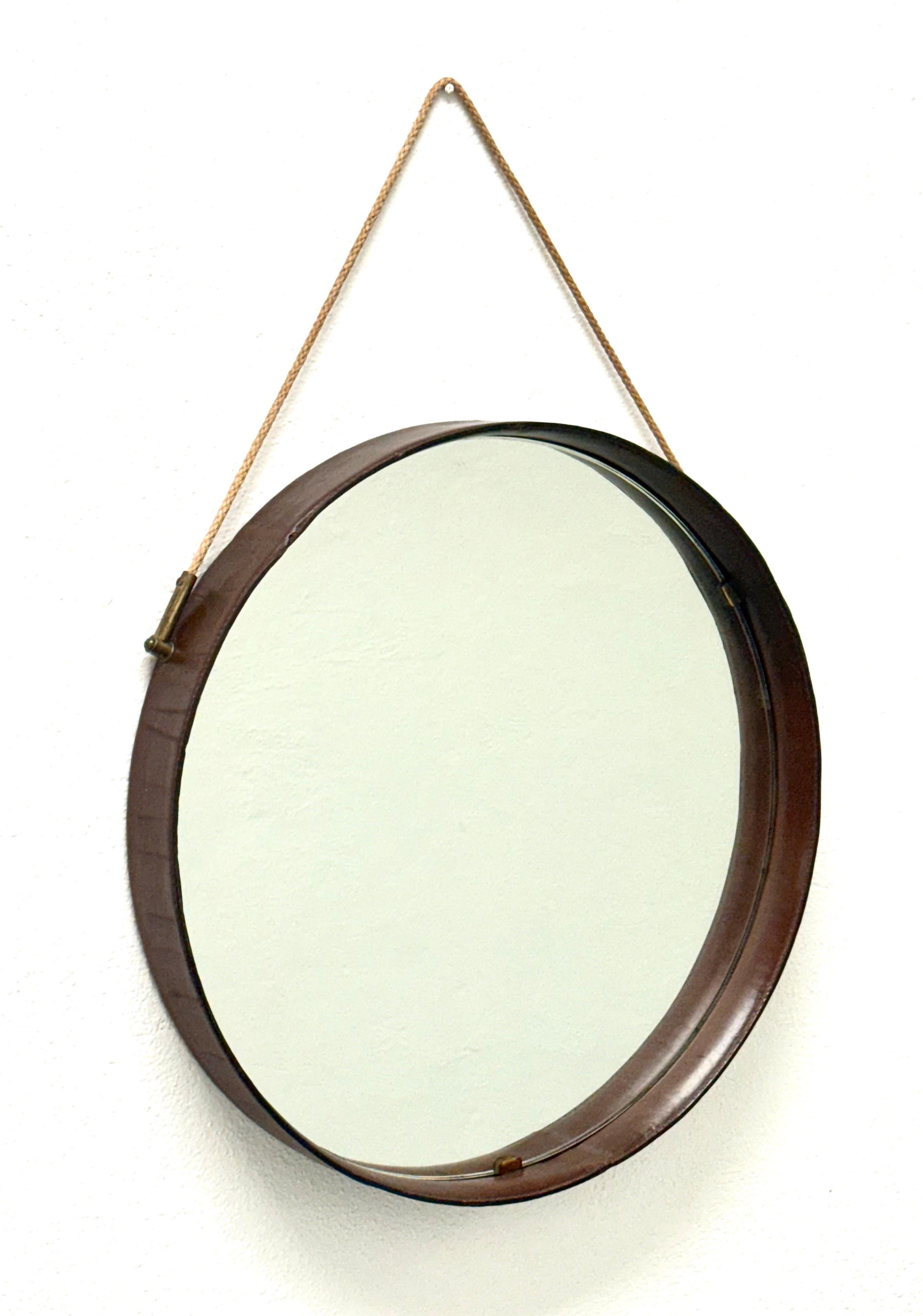 Mid-Century Modern French Mid-Century Round Stitched Dark Brown Leather Mirror, Jacques Adnet, 1955 For Sale