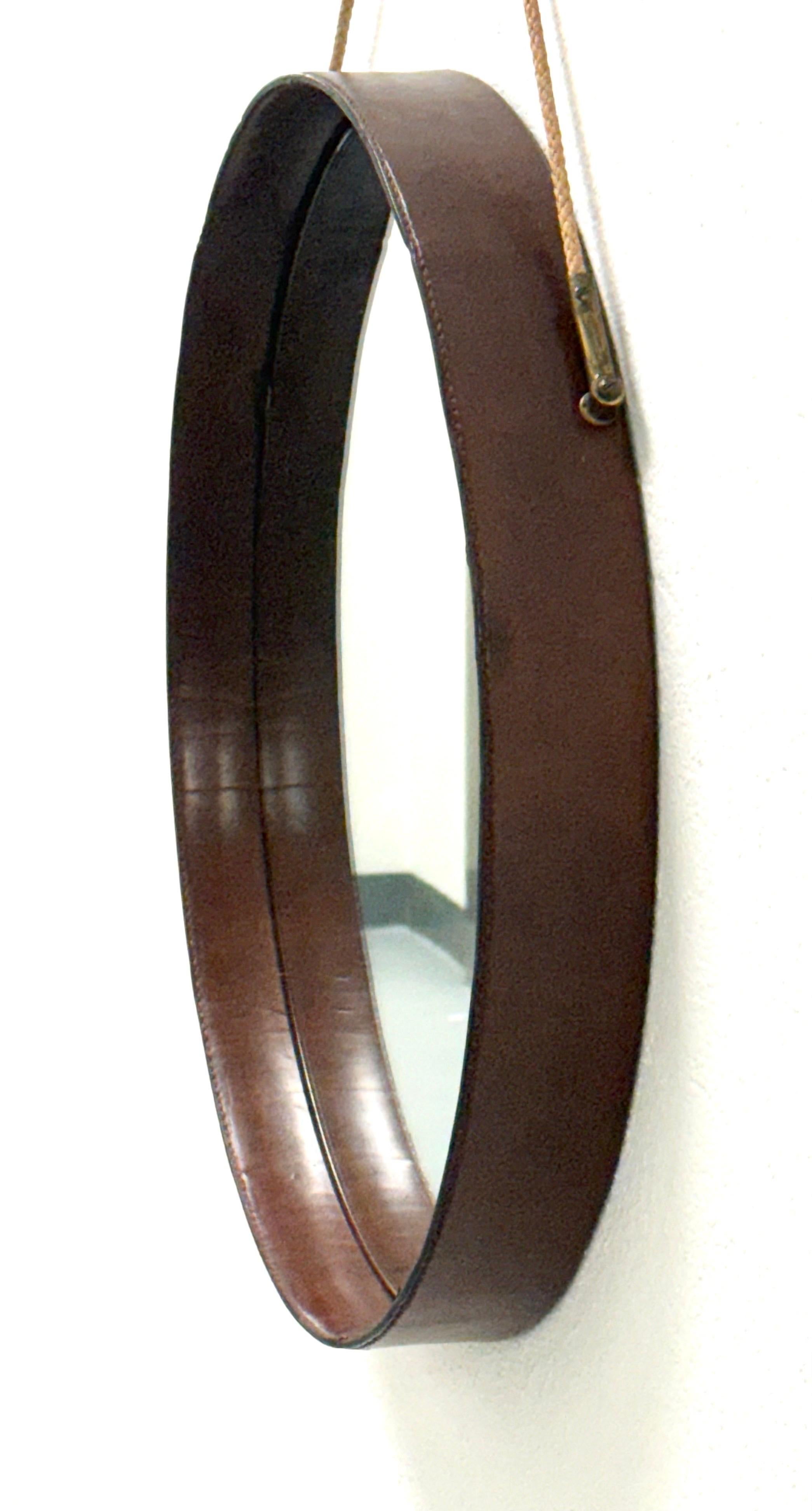 20th Century French Mid-Century Round Stitched Dark Brown Leather Mirror, Jacques Adnet, 1955 For Sale
