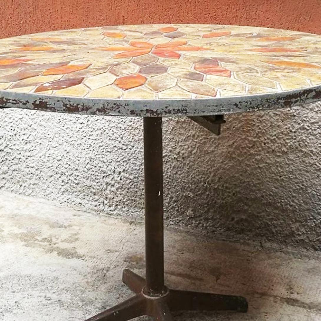 Mid-Century Modern French Midcentury Round Tables with Vallauris Ceramic and Metal Base, 1940s