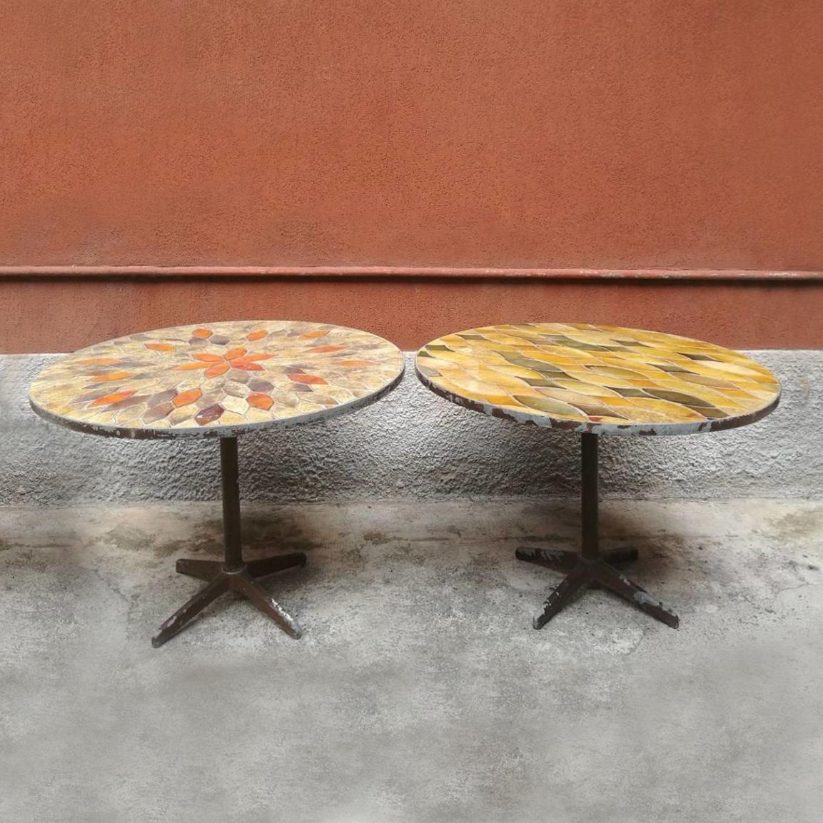 French Midcentury Round Tables with Vallauris Ceramic and Metal Base, 1940s In Good Condition In MIlano, IT