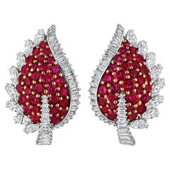 French Mid-Century Ruby and Diamond Earrings