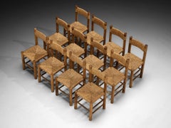 French Mid-Century Rustic Modern Dining Chairs in Wood and Straw