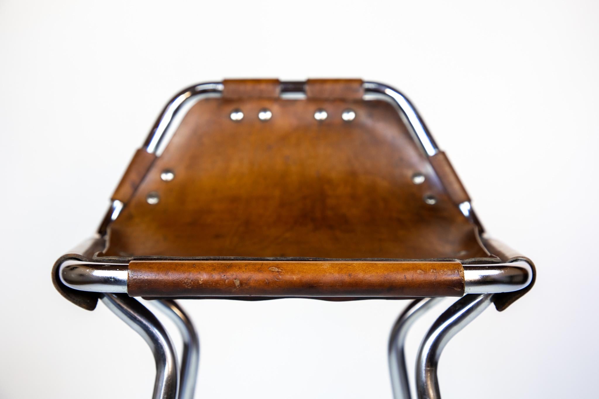 French Mid-Century Saddle Leather, Brown, Chrome Bar Stools, Perriand, 1960s 5