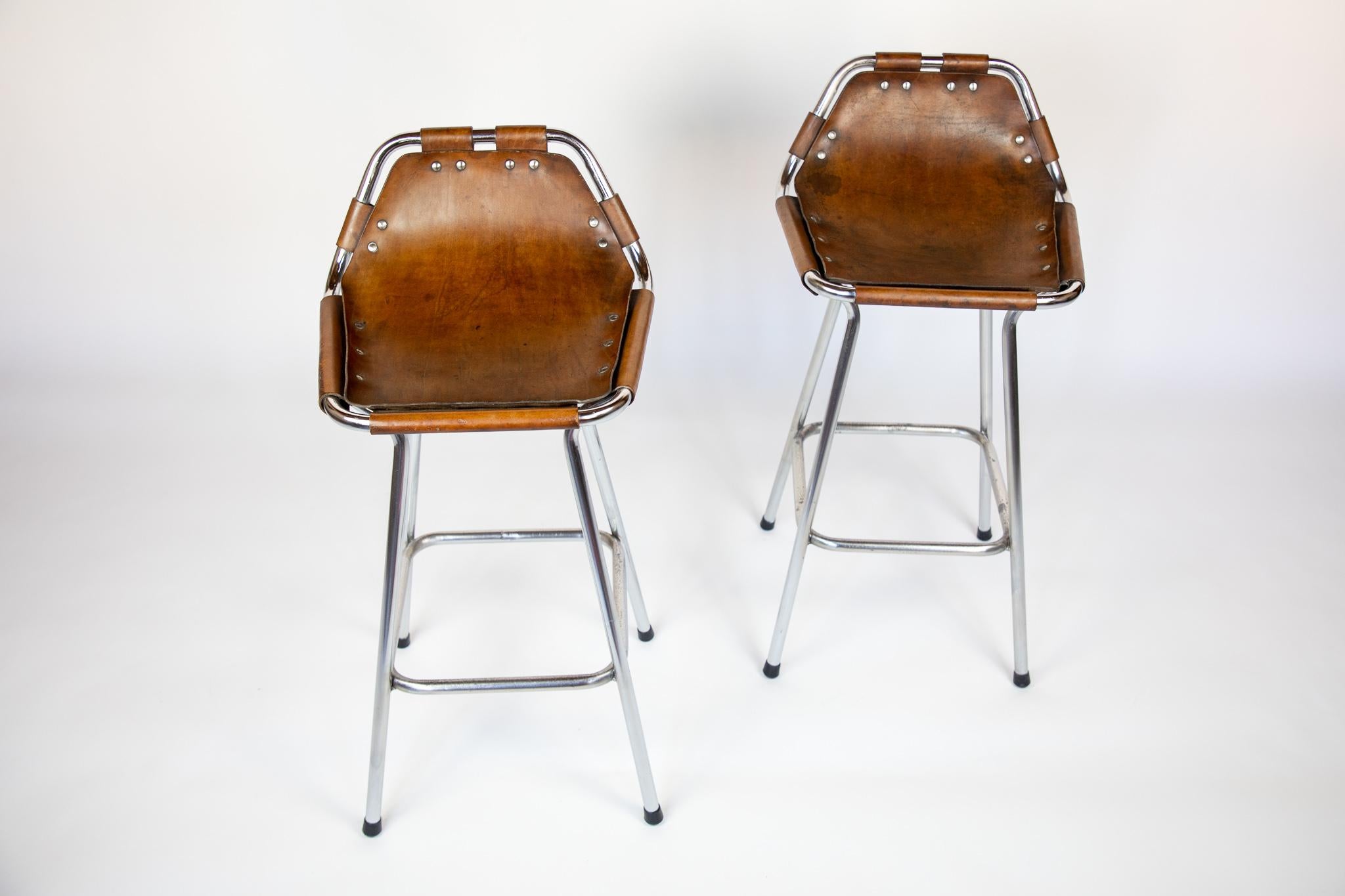 French Mid-Century Saddle Leather, Brown, Chrome Bar Stools, Perriand, 1960s 7