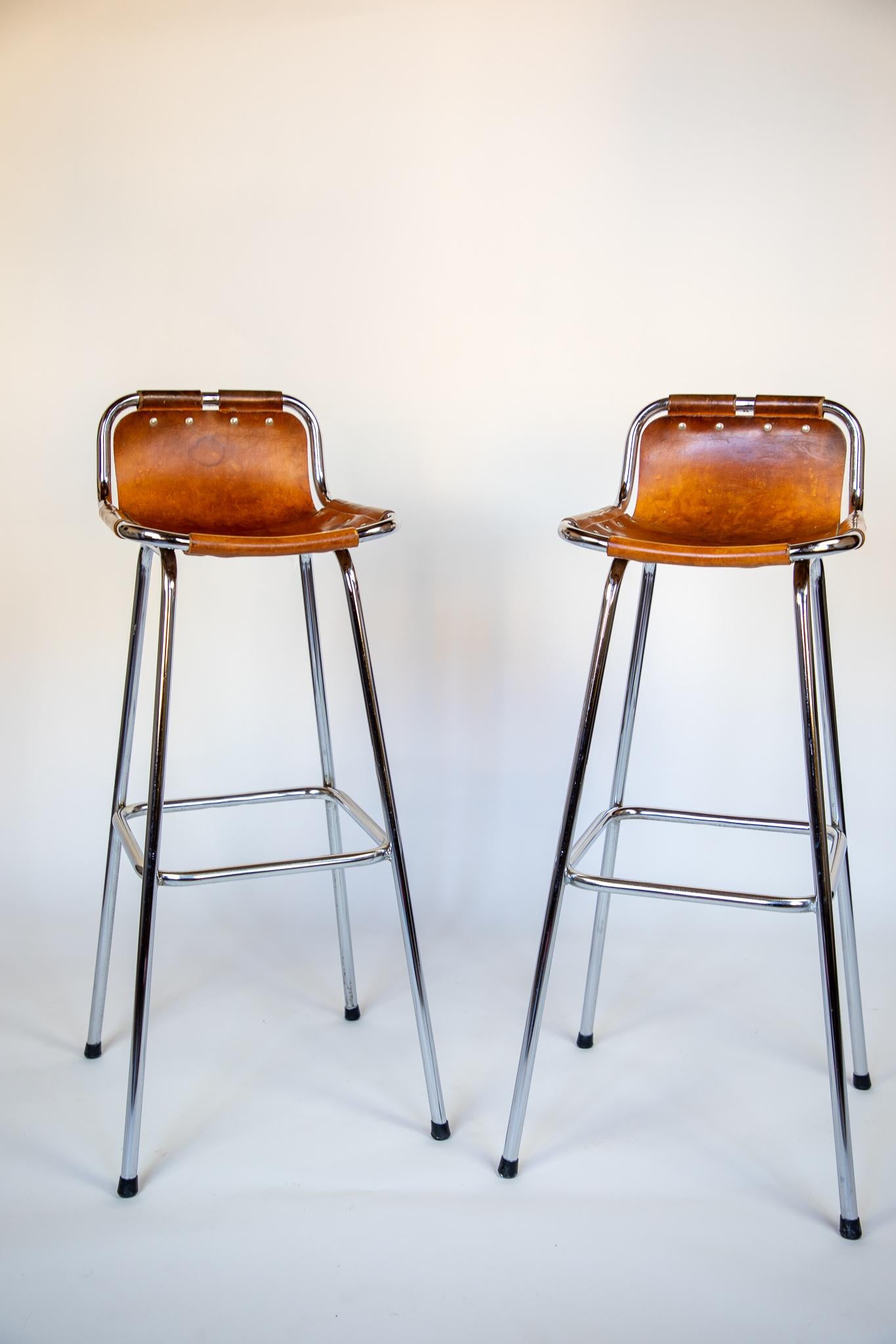 Mid-Century Modern French Mid-Century Saddle Leather, Brown, Chrome Bar Stools, Perriand, 1960s