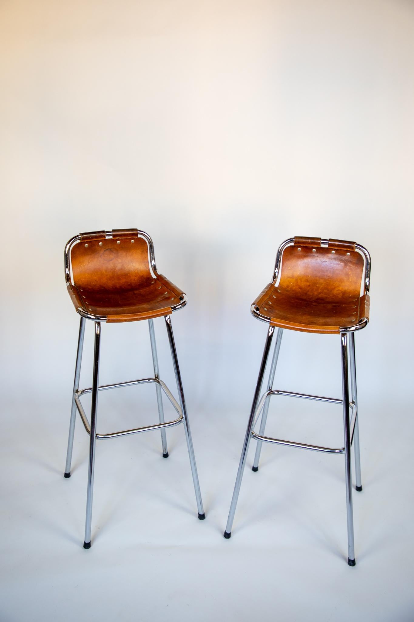 French Mid-Century Saddle Leather, Brown, Chrome Bar Stools, Perriand, 1960s In Good Condition In Vienna, AT