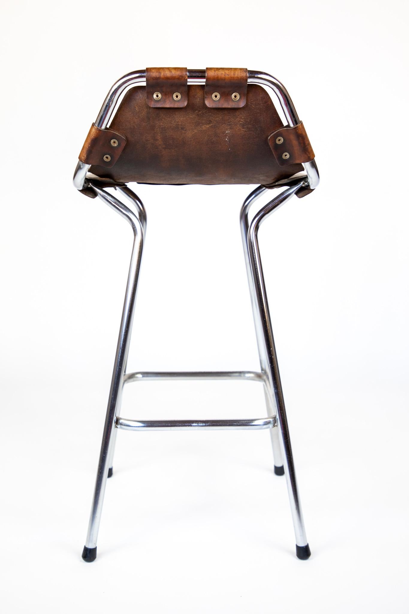 French Mid-Century Saddle Leather, Brown, Chrome Bar Stools, Perriand, 1960s 1