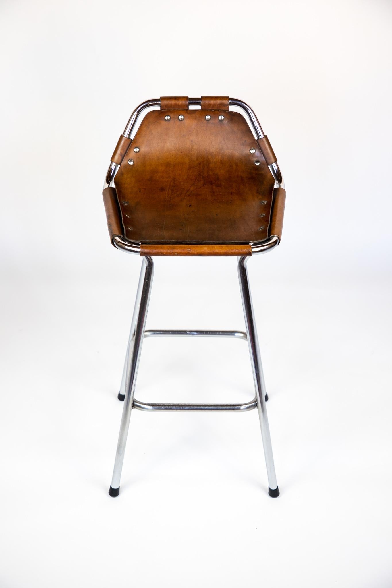 French Mid-Century Saddle Leather, Brown, Chrome Bar Stools, Perriand, 1960s 2