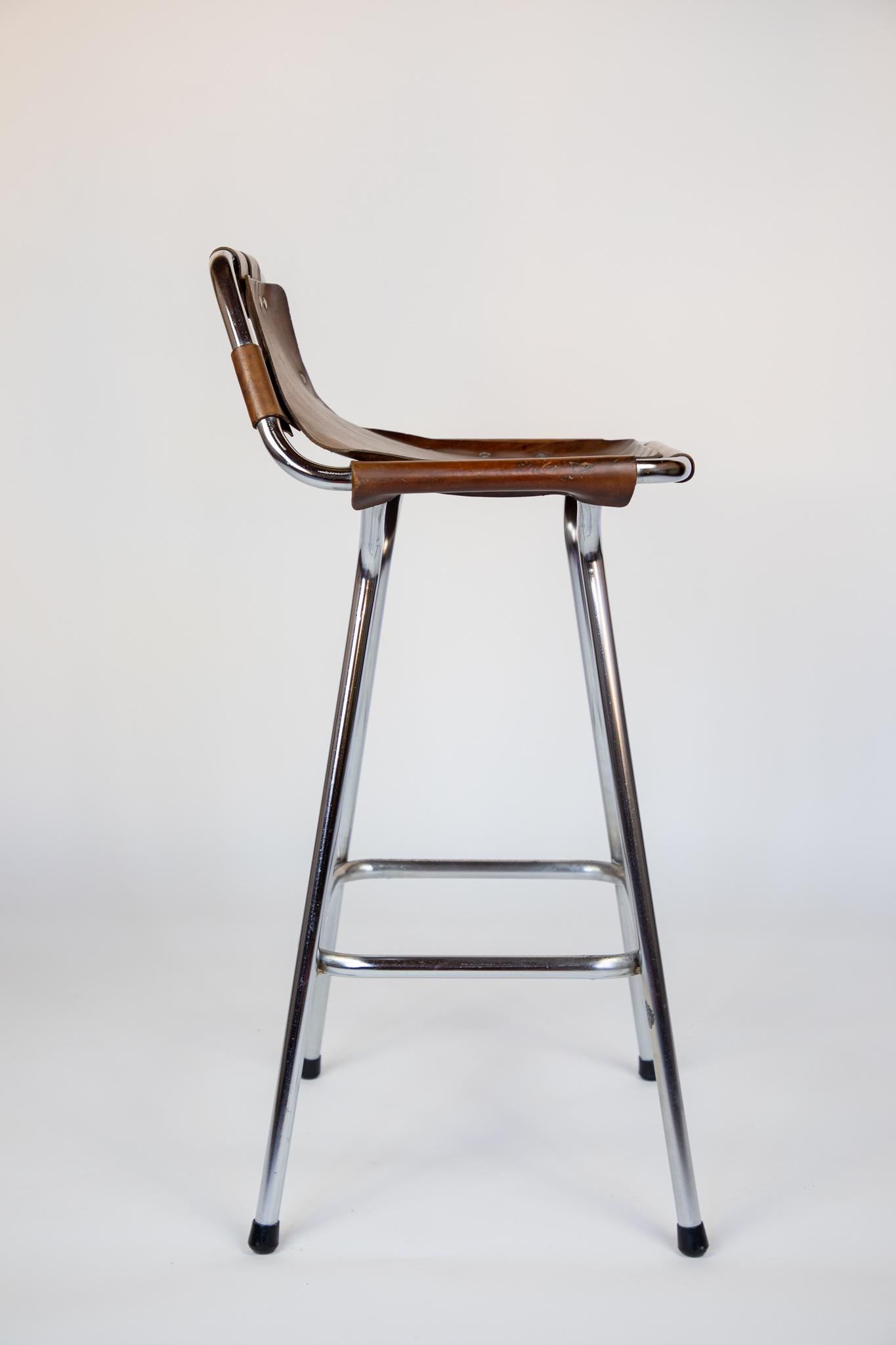French Mid-Century Saddle Leather, Brown, Chrome Bar Stools, Perriand, 1960s 3