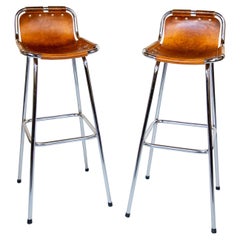 French Mid-Century Saddle Leather, Brown, Chrome Bar Stools, Perriand, 1960s