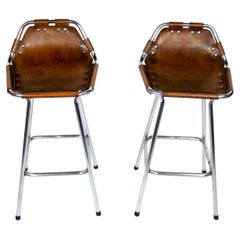 Vintage French Mid-Century Saddle Leather, Brown, Chrome Bar Stools, Perriand, 1960s