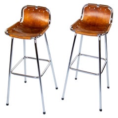 Used French Mid-Century Saddle Leather, Brown, Chrome Bar Stools, Perriand, 1960s