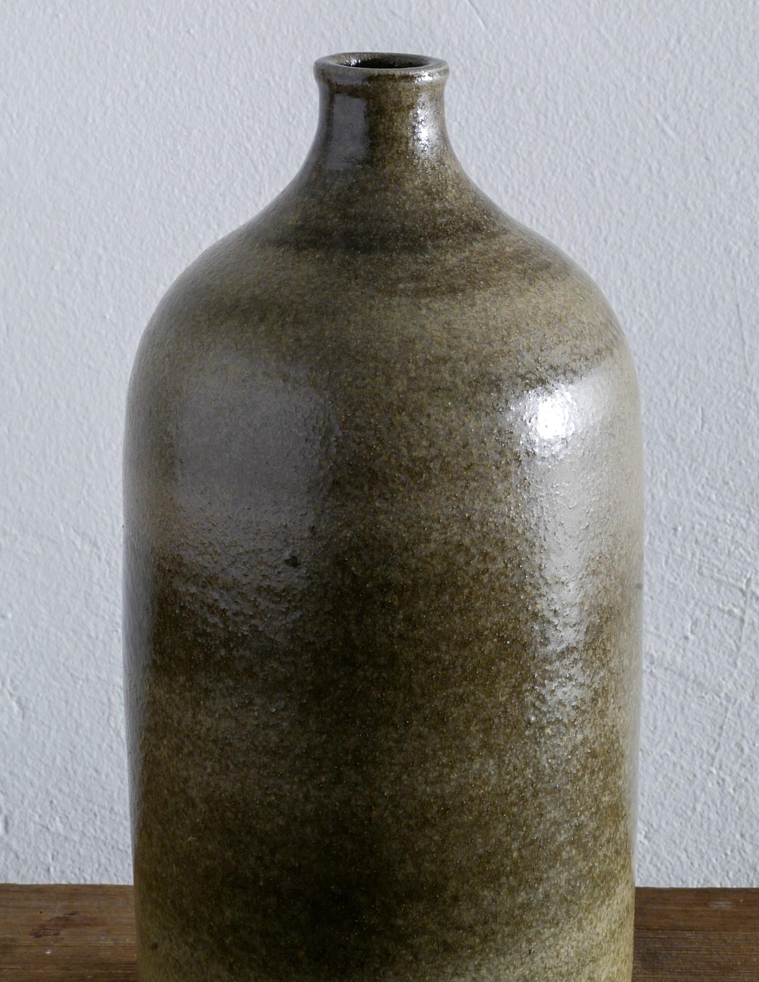 Swedish French Mid-Century Sandstone Ceramic Bottle Vase in Green Glaze, 1950s