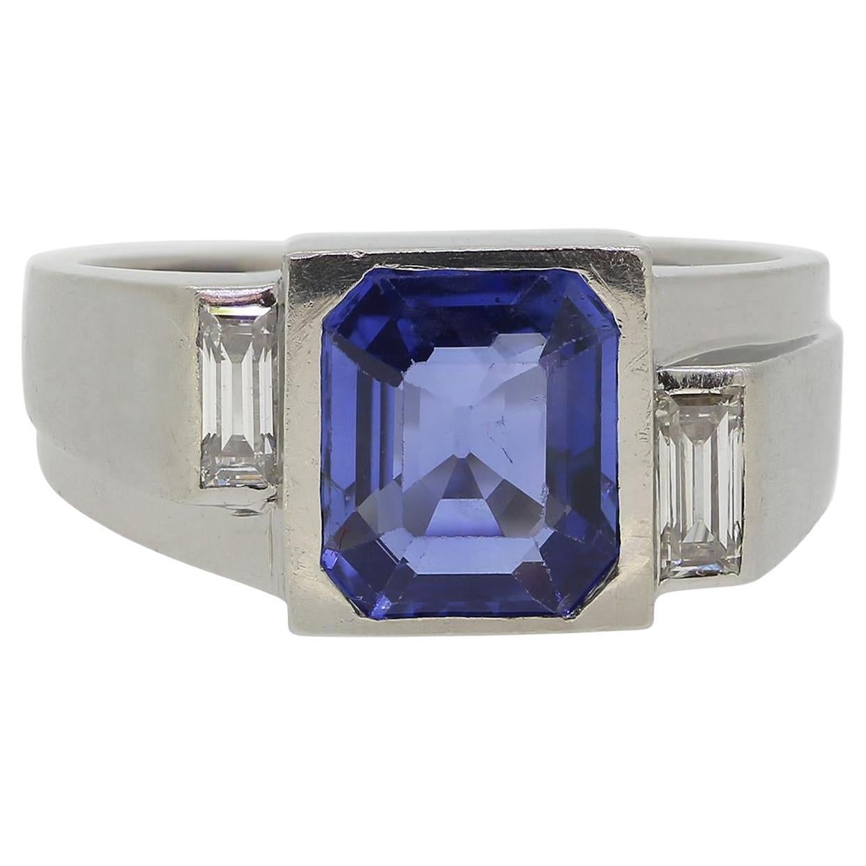 French Mid Century Sapphire and Diamond Three-Stone Ring