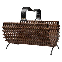 French Mid-century sculptural woven magazine holder in metal and rattan