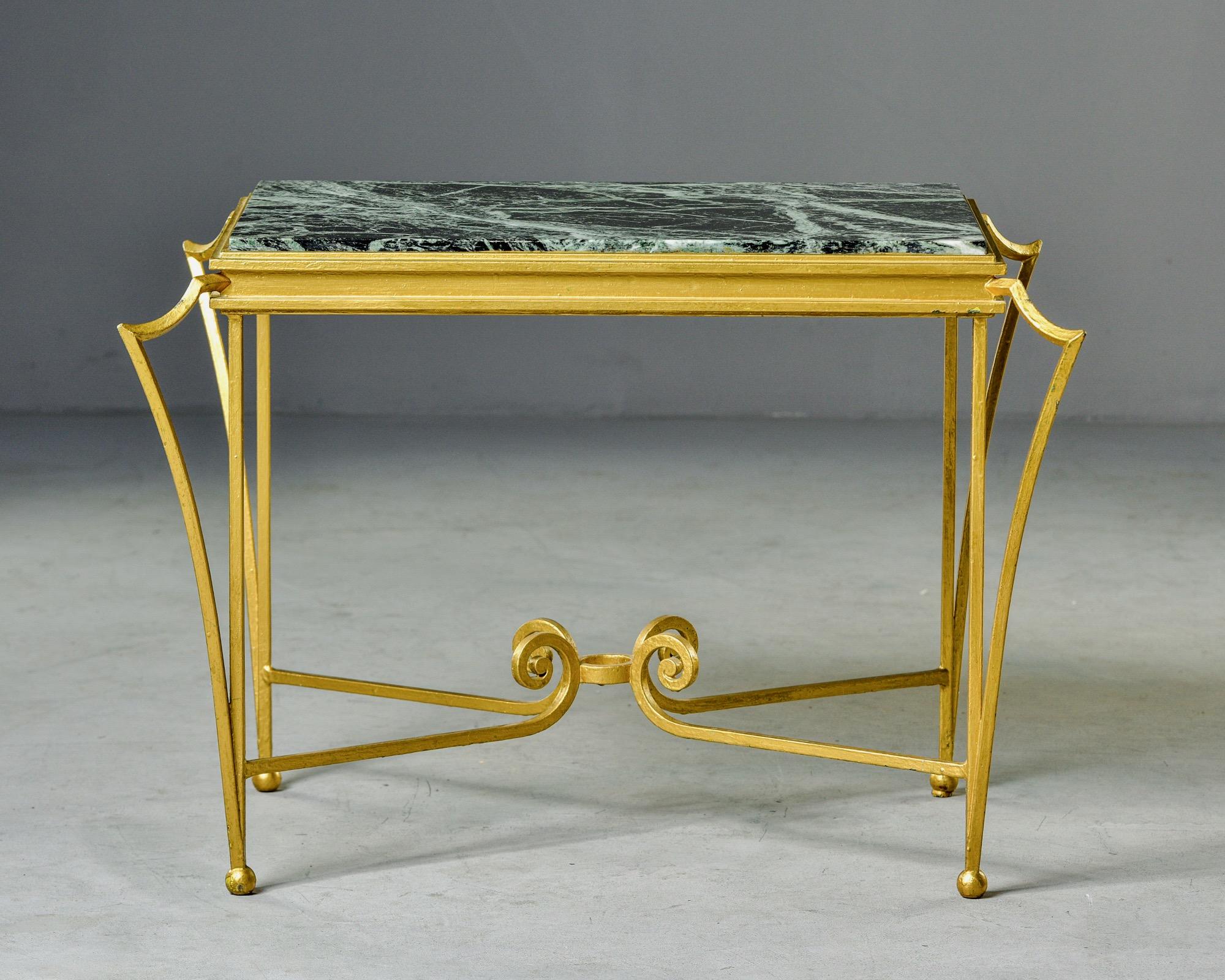 French Midcentury Side Table with Green Marble Top and Gilded Iron Frame 5