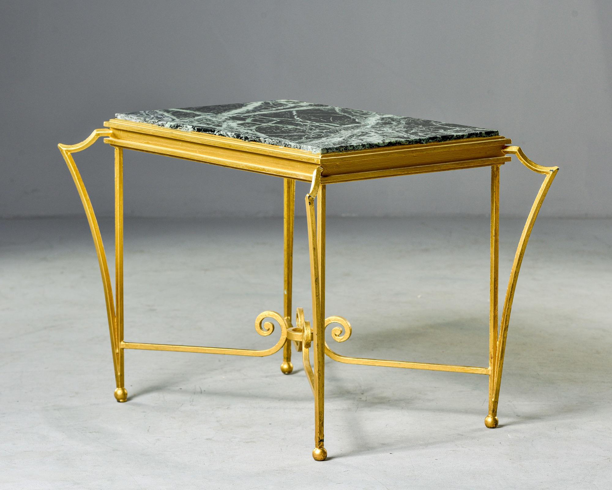 20th Century French Midcentury Side Table with Green Marble Top and Gilded Iron Frame