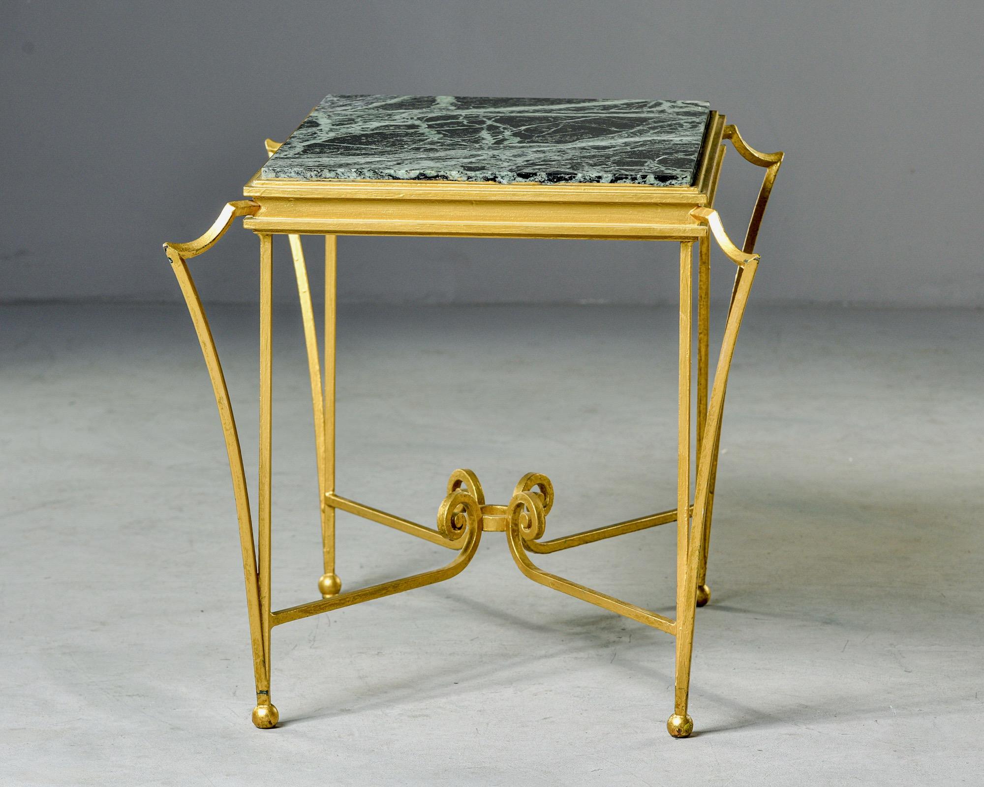 French Midcentury Side Table with Green Marble Top and Gilded Iron Frame 1