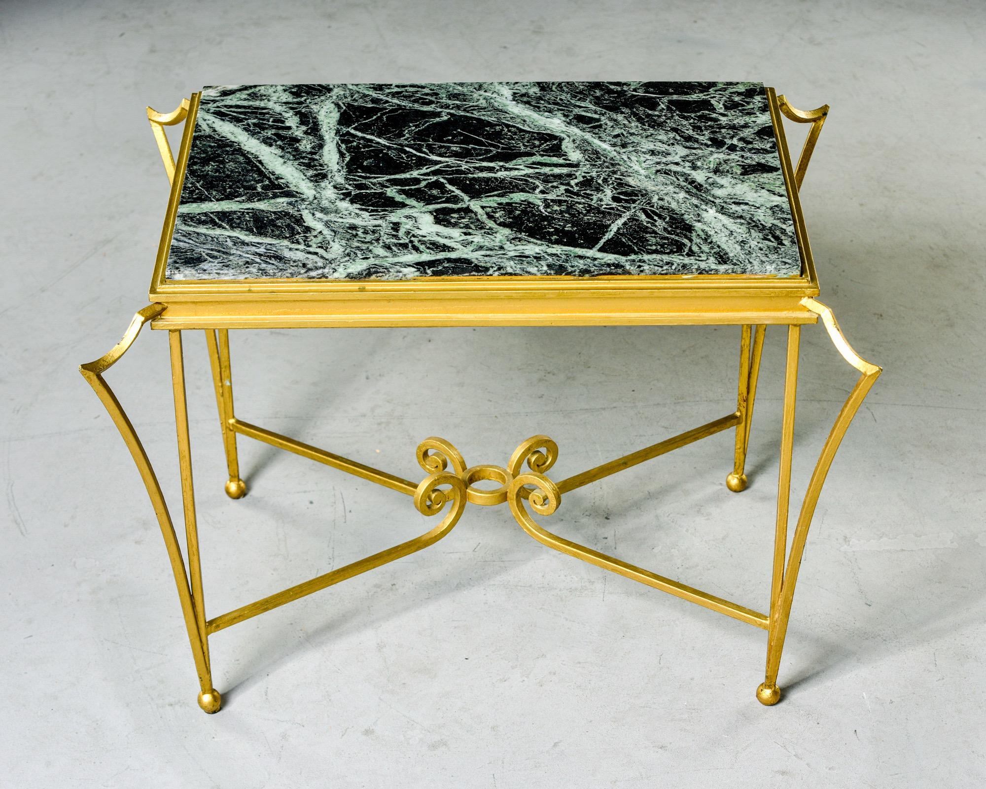 French Midcentury Side Table with Green Marble Top and Gilded Iron Frame 3