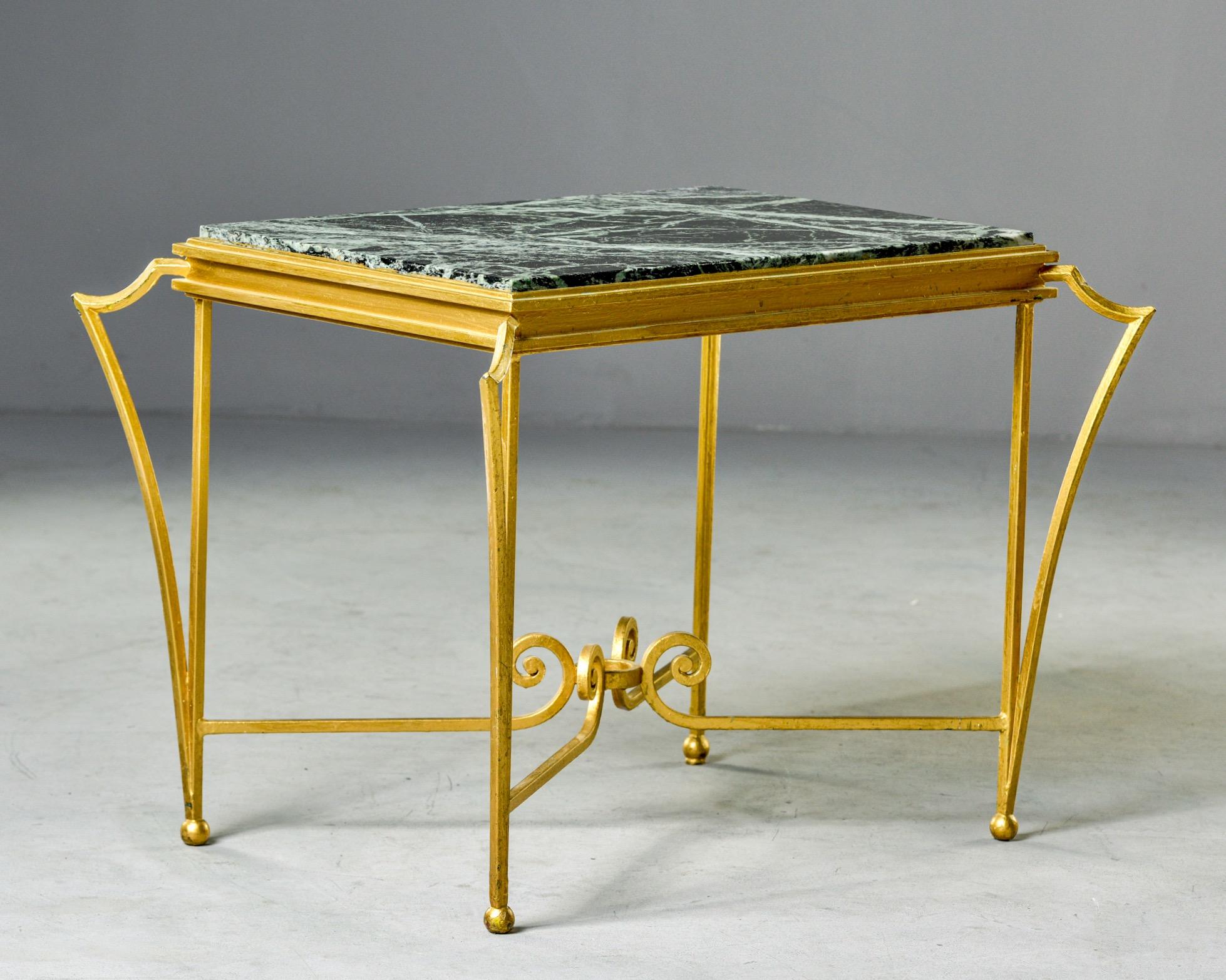 French Midcentury Side Table with Green Marble Top and Gilded Iron Frame 4