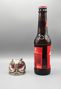 French Mid Century Silver Plate Owl Bottle Opener with Ruby Glass Eyes, c. 1960