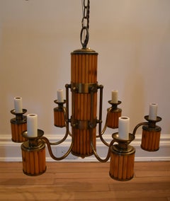 French Mid-Century Six-Arm Pencil Reed Bamboo and Brass Chandelier, circa 1960s