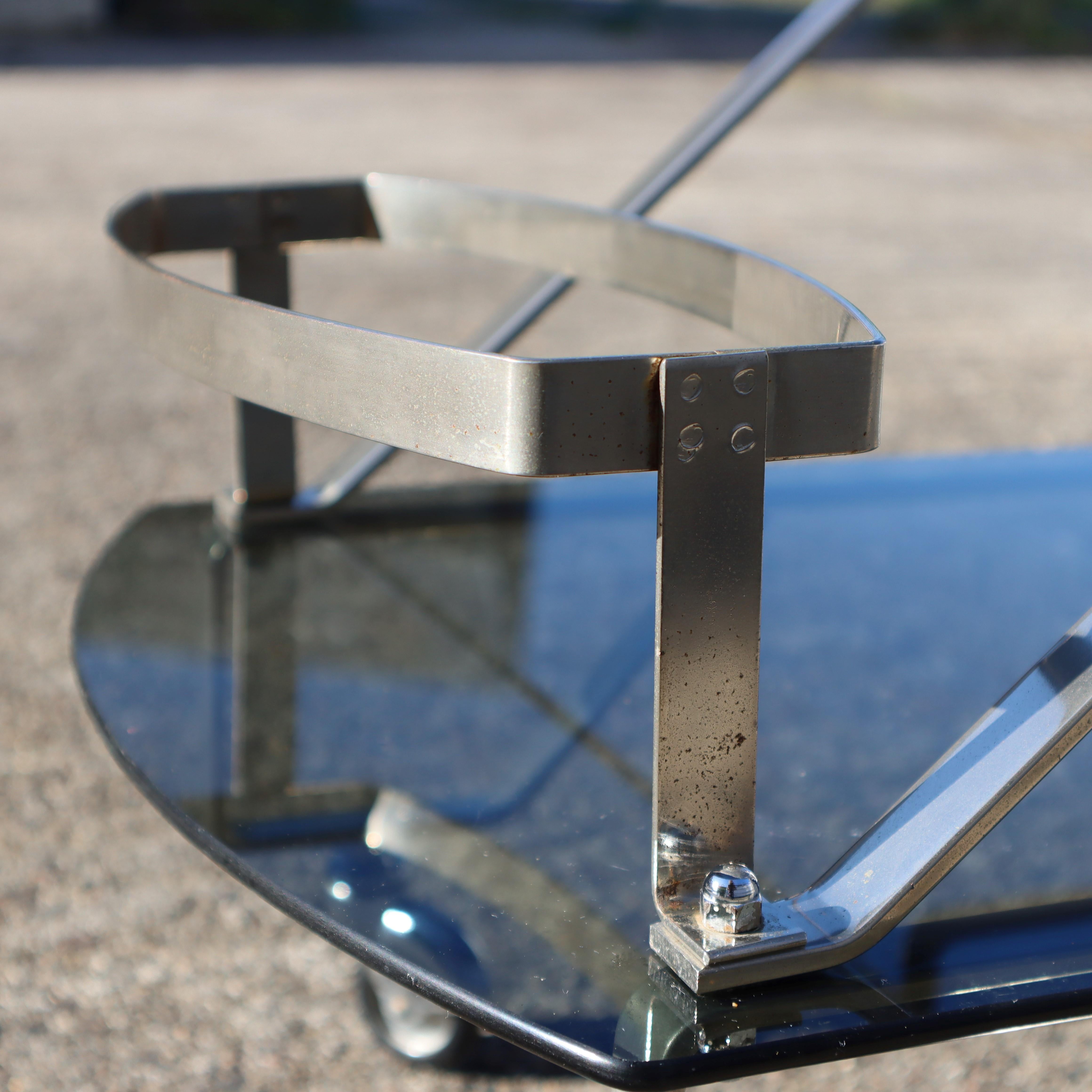 French Mid-Century Smoked Glass and Chrome Bar Trolley-Drop Leaf Bar Cart-60s en vente 10