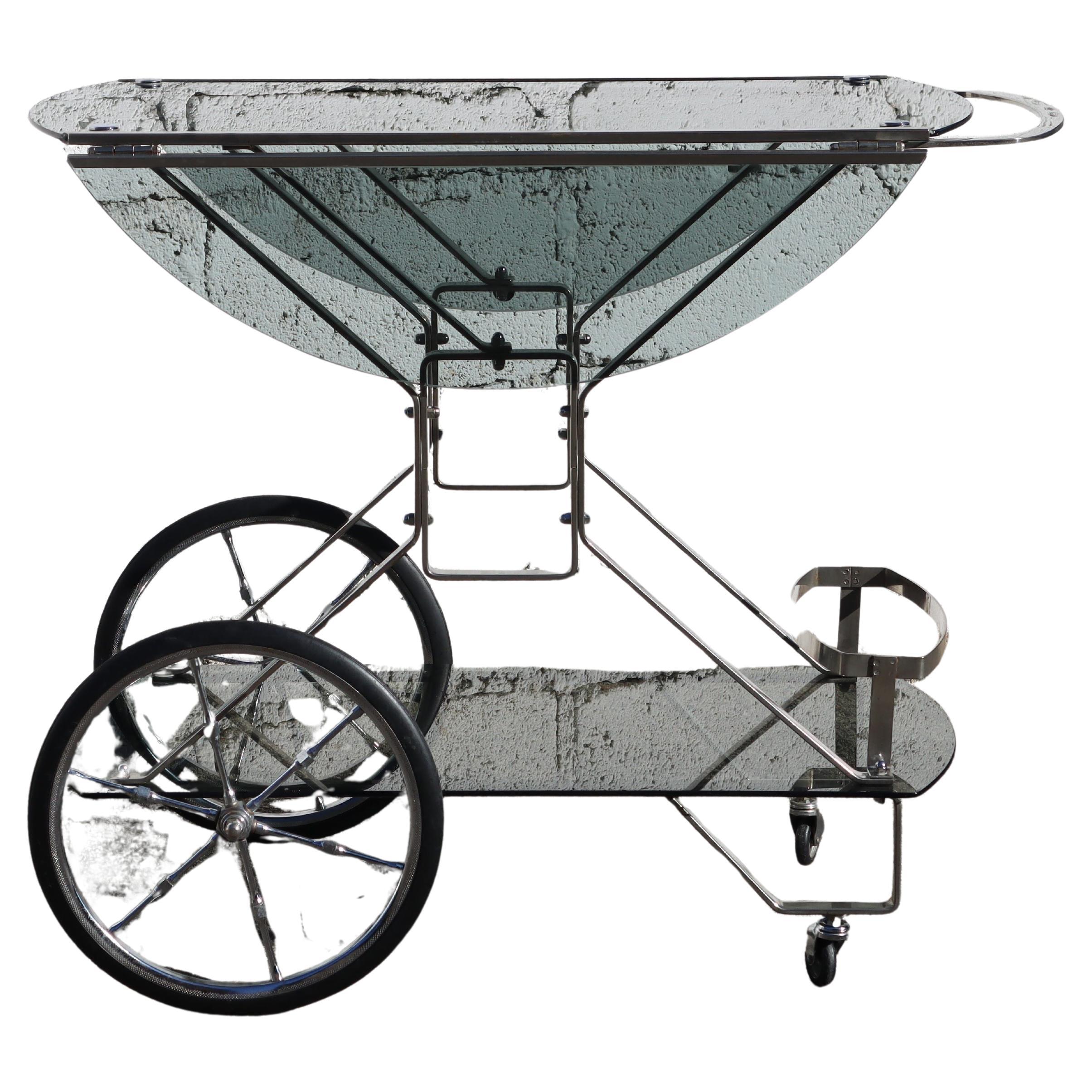 Mid-Century Modern French Mid-Century Smoked Glass and Chrome Bar Trolley-Drop Leaf Bar Cart-60s en vente