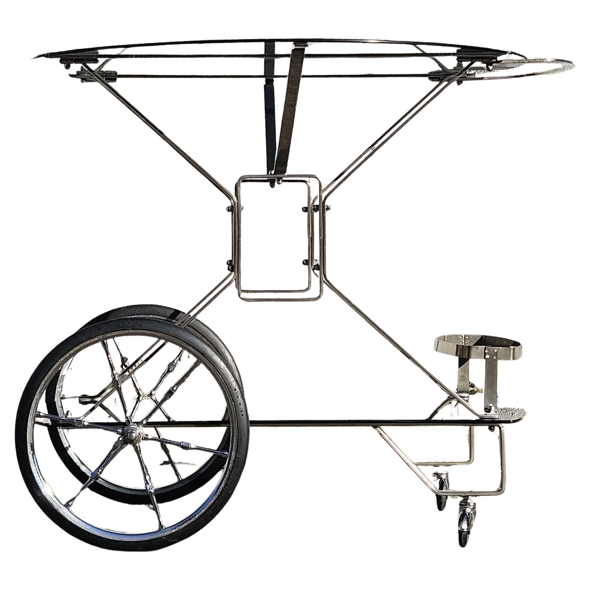 Français French Mid-Century Smoked Glass and Chrome Bar Trolley-Drop Leaf Bar Cart-60s en vente