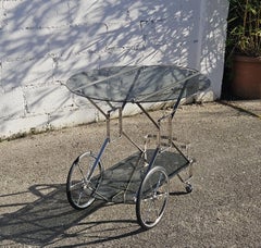 French Mid-Century Smoked Glass and Chrome Bar Trolley-Drop Leaf Bar Cart-60s