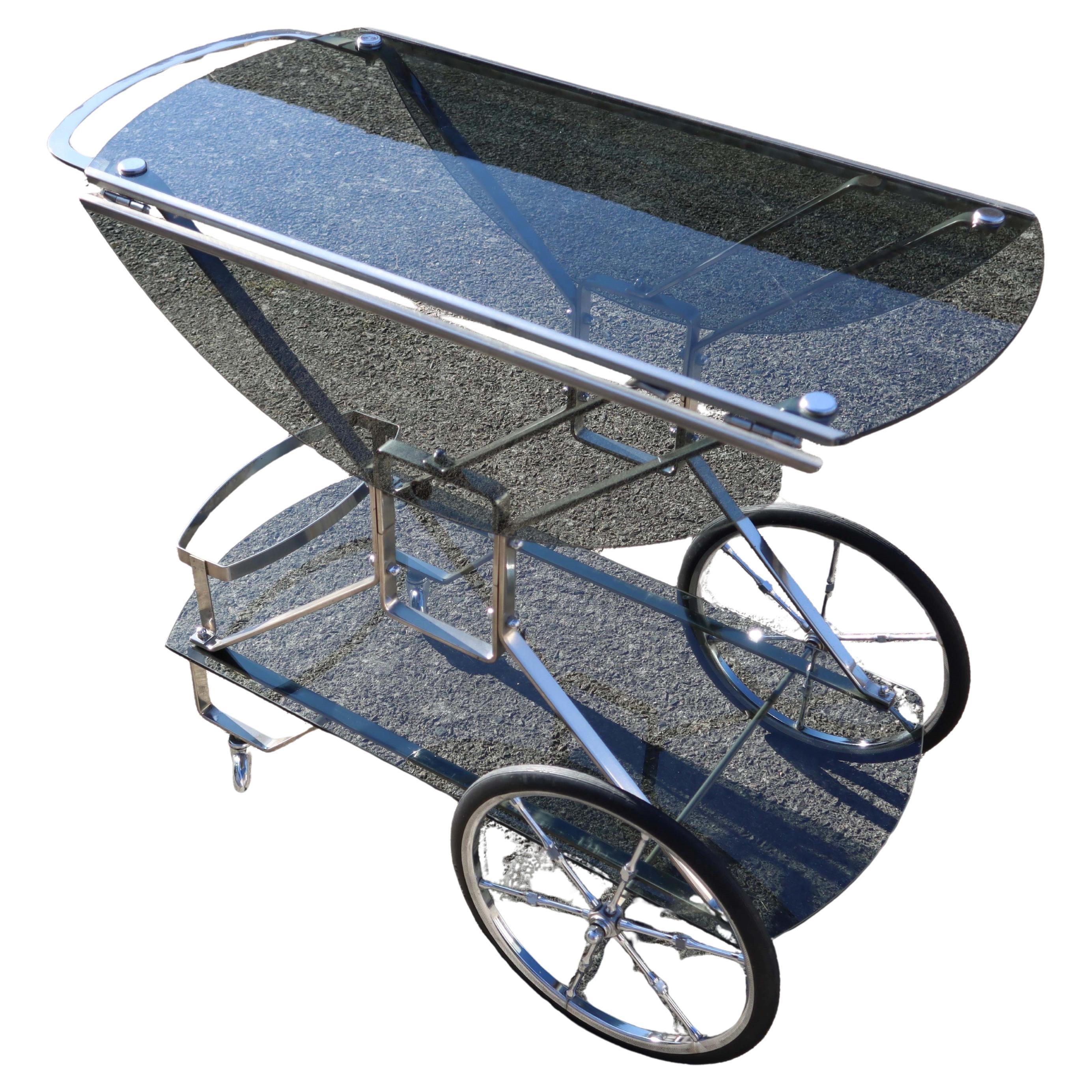 Métal French Mid-Century Smoked Glass and Chrome Bar Trolley-Drop Leaf Bar Cart-60s en vente