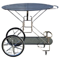 French Mid-Century Smoked Glass and Chrome Bar Trolley-Drop Leaf Bar Cart-60s
