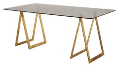 French Midcentury Smoked Glass and Brass Trestle Desk