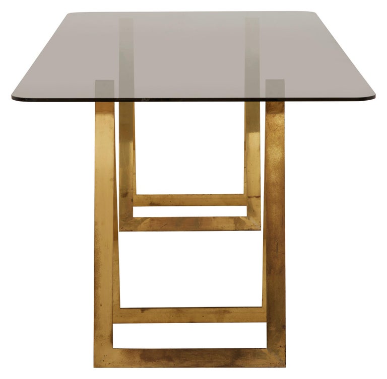 Mid-Century Modern French Midcentury Smoked Glass and Brass Trestle Desk For Sale