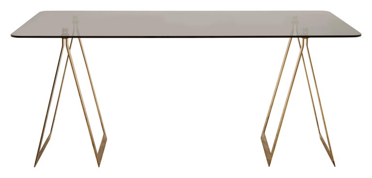 French Midcentury Smoked Glass and Brass Trestle Desk In Good Condition For Sale In Chicago, IL