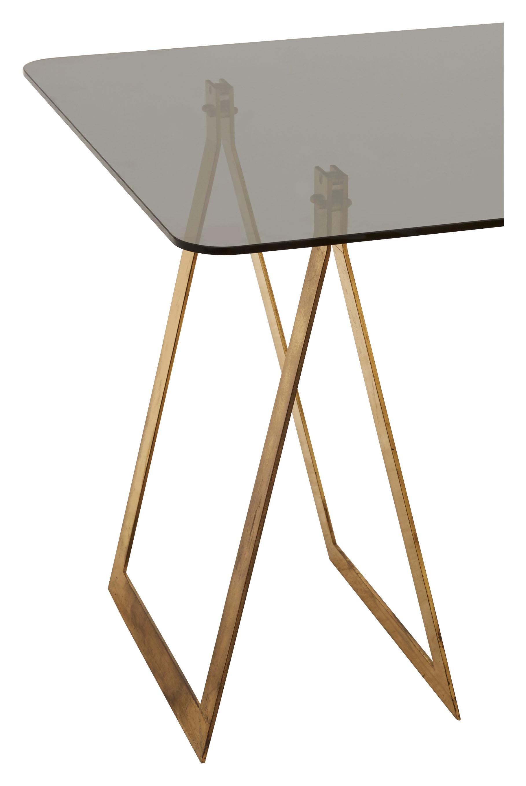 Mid-Century Modern French Midcentury Smoked Glass and Brass Trestle Desk For Sale
