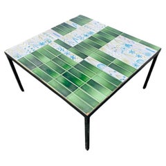 French Mid-Century Sofa Table with Green-Turquise-White Ceramic Tiles 1960s