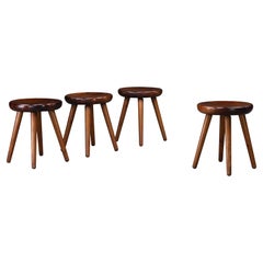 French Mid-Century Solid Beech Wood Stool, Rustic Farmhouse Design, France, 1960