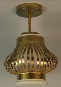 French Mid Century Brass Caged Milk Glass Pendant Light, 1960, USA