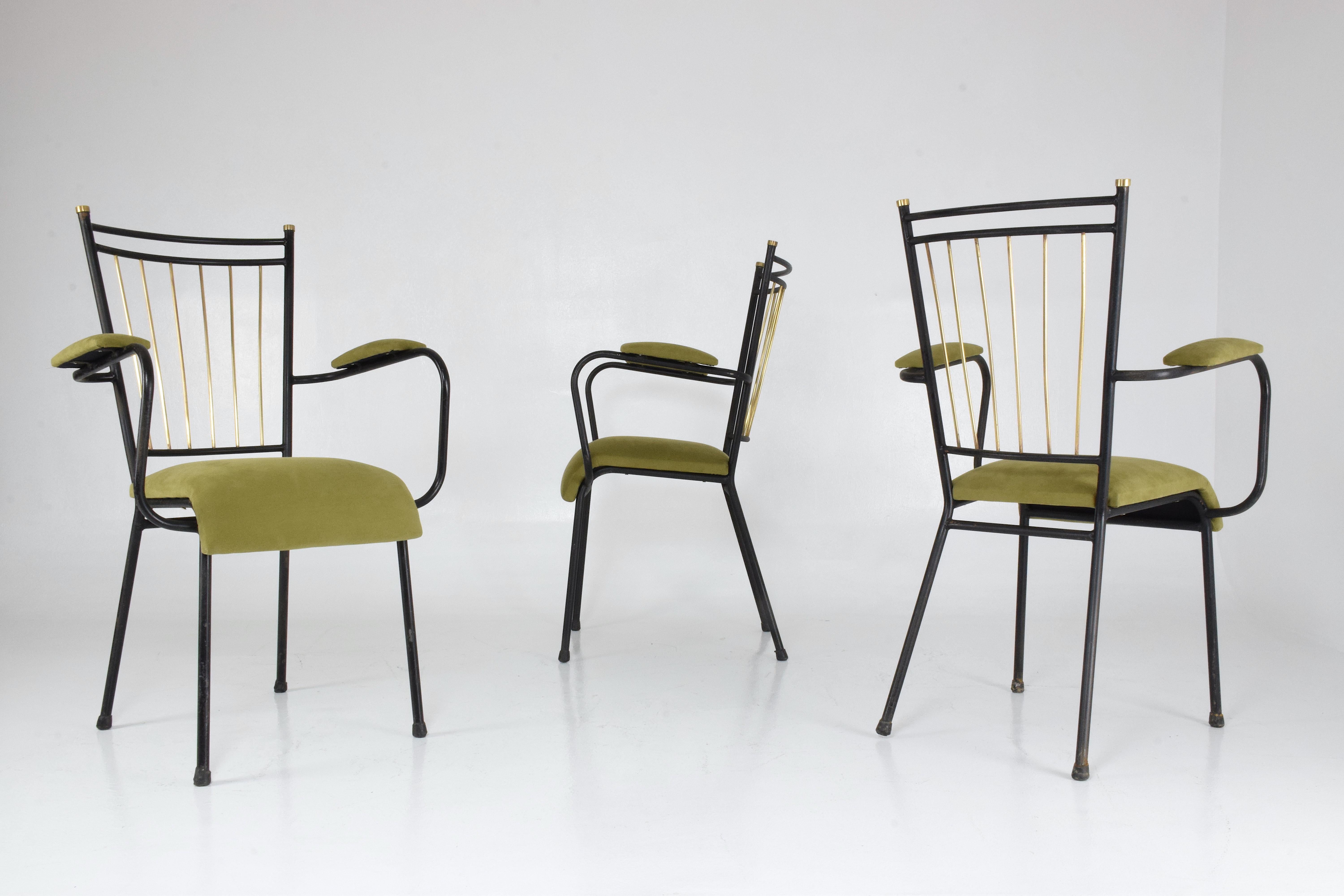 Lacquered  20th Century Vintage French Steel and Brass Armchairs, 1950s