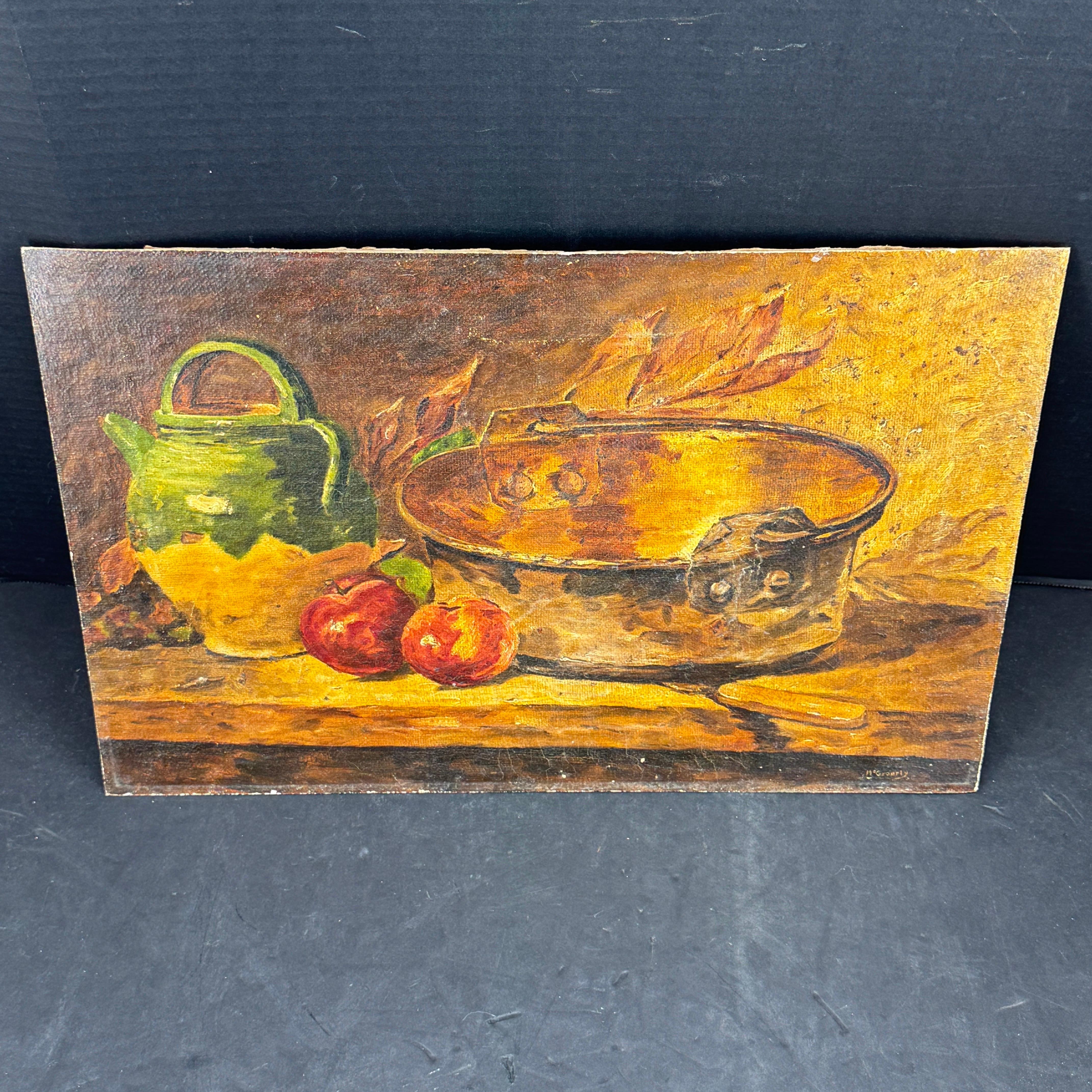 Tal como se encuentra en un mercado francés, este grabado sobre tabla representa una jarra verde, dos manzanas rojas y una olla de cobre. Los tonos cálidos de las obras de arte crean una sensación acogedora y tradicional, típica de una cocina en