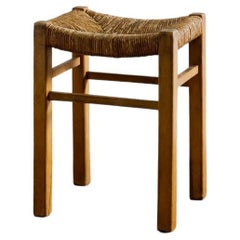 French Midcentury Straw Rush Rattan Stool in Style of Charlotte Perriand, 1950s
