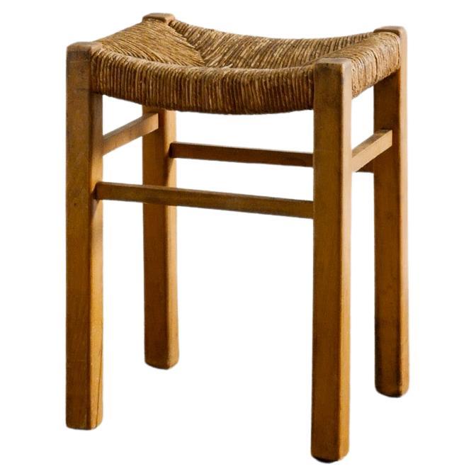 French Mid Century Straw Rush Rattan Stool in Style of Charlotte Perriand, 1960s For Sale